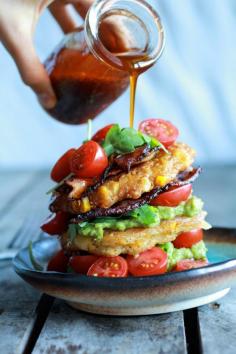 
                    
                        Avocado and Gouda BLT Corn Fritter Stacks with Chipotle Bourbon Dressing
                    
                