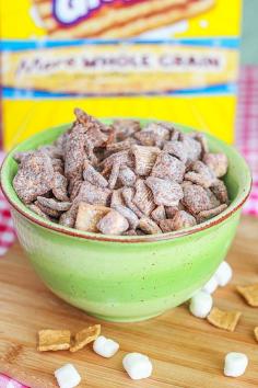 -- S’mores Puppy Chow. 1 cup semi-sweet chocolate chips  1/2 cup creamy almond butter  1.5 cups marshmallows  6 cups Golden Grahams cereal  1.5 cups powdered (confectioners’) sugar.