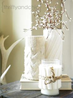 Winter Decorating Ideas :: cover plain candles with sleeves of sweaters