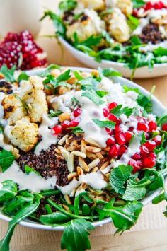 
                    
                        Roasted Cauliflower and Chickpea Quinoa and Arugula Salad with Almonds, Pomegranate and Feta in a Lemony Tahini Dressing
                    
                