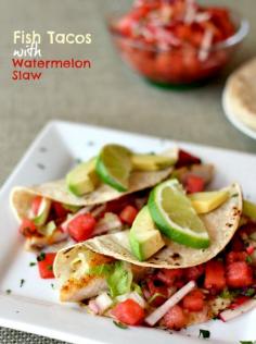 Fish Tacos with Watermelon slaw may sound complicated...but they're a healthy, easy dinner in under 30 minutes that you're family will love. www.mantitlement.com
