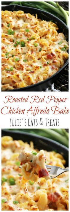 
                    
                        Red Pepper Chicken Alfredo Bake ~ Pasta Smothered in Light Roasted Red Pepper Sauce, Chicken & Cheese! ~ www.julieseatsand...
                    
                