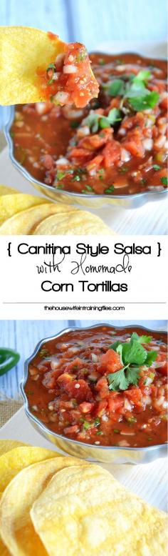 
                    
                        With fresh ingredients, this simple and delicious cantina style salsa with homemade corn tortilla chips comes together quickly for a tasty snack!
                    
                