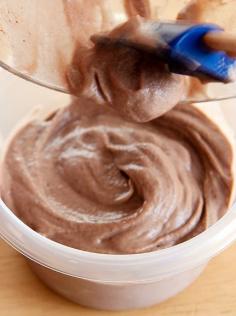 3 ingredient ice cream! Frozen bananas, peanut butter, cocoa, blended in a food processor.