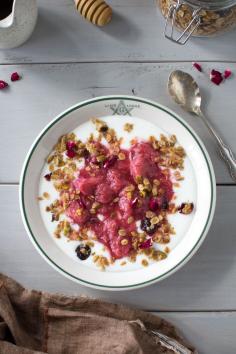 
                    
                        Pistachio Rose Granola, Stewed Vanilla Bean Rhubarb, and Homemade Yogurt
                    
                