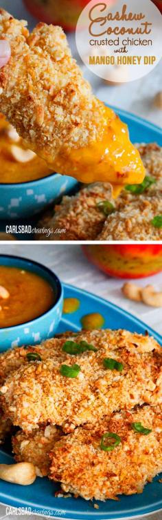 Crispy cashew coconut crusted chicken tenders with mango honey dip.