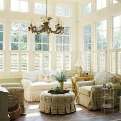 Screened Porch: I would convert the screened porch into this wonderful sunroom allowing for use year round. The decor carries the style from the Family Room into this space, but in a more relaxed way. I especially love the form and fabric on the chairs and ottoman. sokolka.com.pl
