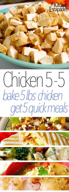
                    
                        Cook 5lbs of chicken and use these 5 chicken recipes for quick meals during the week! These quick chicken meals are perfect for busy schedules!
                    
                