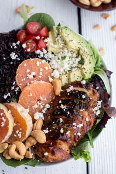 Black Rice Salad Bowls with Chipotle Orange Chicken, Cashews and Feta. #chicken #salad #healthy