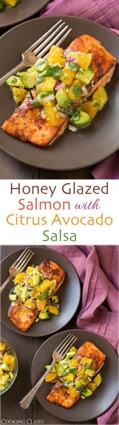 
                    
                        Honey Glazed Salmon with Citrus Avocado Salsa - this pan seared salmon is amazing! It can also be made without the orange and just up the avocados to two.
                    
                