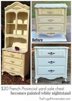 
                    
                        $20 French Provincial yard sale chest becomes painted white nightstand
                    
                