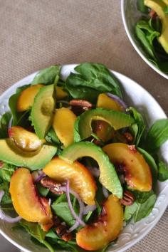 Grilled Peach and Avocado Spinach Salad - I would make it without the honey and red wine vinegar to cut back on the sweetness. Peaches are sweet enough. Ask any Georgian.