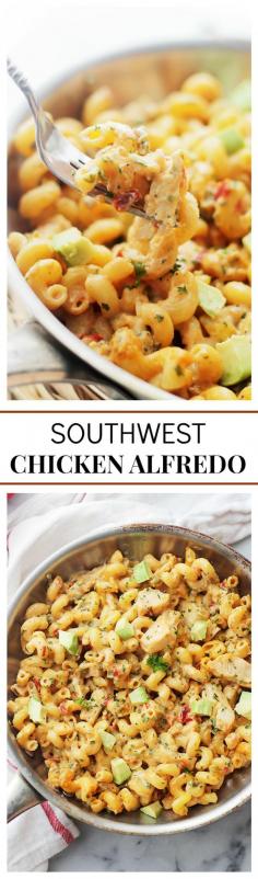 
                    
                        Southwest Chicken Alfredo ~ Easy, creamy and delicious pasta dish with spicy chicken, veggies, homemade alfredo sauce and cavatappi pasta... SO darn good!!
                    
                