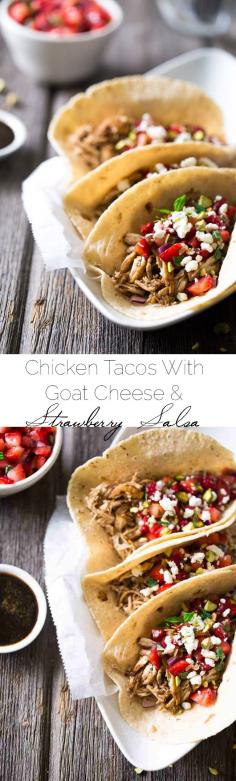 
                    
                        Chicken Tacos with Goat Cheese & Strawberry Salsa - An easy, weeknight dinner that is super healthy , unique and sure to please! | Foodfaithfitness.com |  Taylor | Food Faith Fitness
                    
                