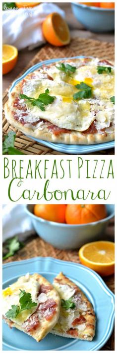 
                    
                        Breakfast Pizza Carbonara - loaded with bacon, eggs & Parmesan cheese. LOVE it!
                    
                