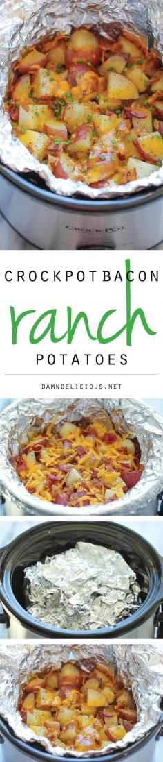 
                    
                        Slow Cooker Cheesy Bacon Ranch Potatoes (bacon, red potatoes, shredded cheddar cheese, ranch seasoning, chives)
                    
                