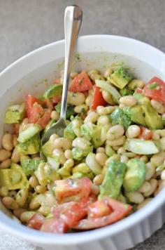 
                    
                        Avocado White Bean Salad | Make this for yourself, get more than 25g of protein. Or split it with a friend, serve with two slices of whole wheat toast (4g/protein each), and get 20g. Win/win.
                    
                