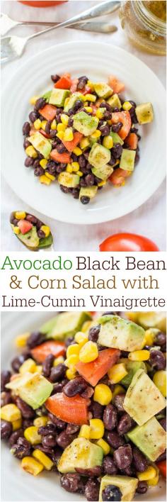 
                    
                        Avocado, Black Bean and Corn Salad with Lime-Cumin Vinaigrette - Everything tastes better with avocado!! Easy, healthy and tons of flavor!
                    
                