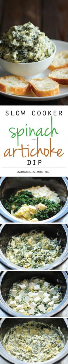 
                    
                        Slow Cooker Spinach and Artichoke Dip - Simply throw everything in the crockpot for the easiest, most effortless spinach and artichoke dip!
                    
                