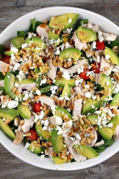 
                    
                        power salad: chicken, avocado, pine nuts, feta cheese, tomatoes and spinach
                    
                