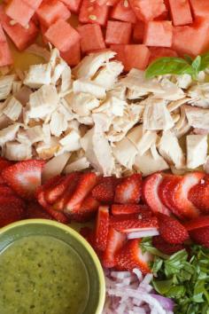 
                    
                        This Strawberry Watermelon Chicken Salad is perfect for any brunch, lunch, or dinner party salad!
                    
                