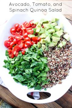 
                    
                        Superfoods quinoa salad with avocado, spinach and tomatos. Tossed in a zesty Greek vinaigrette for meatless lunch (GF) | littlebroken.com Katya | Little Broken
                    
                