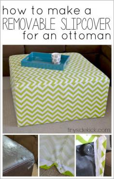 
                    
                        DIY Slip Covered Ottoman- This ottoman is perfect for a kid's space because the slipcover can be easily removed and washed! How-to at TinySidekick.com
                    
                