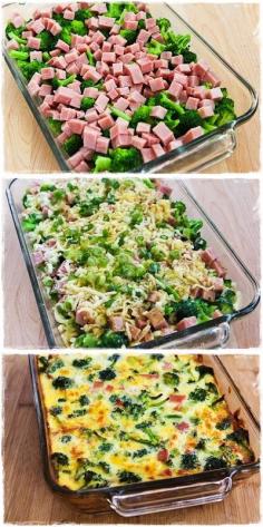 Low Carb Diet Recipes - Broccoli, Ham, and Mozzarella Baked with Eggs// I'd swap out the ham for kielbasa or sometime of brat/sausage! #broccoli #recipes #food #healthy