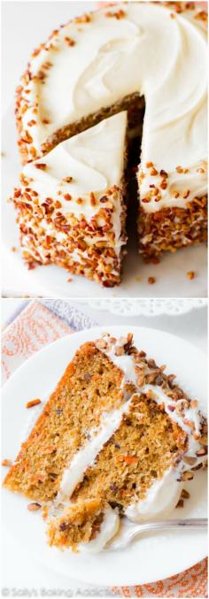 
                    
                        Simple and moist two-layer carrot cake with pecans and cream cheese frosting! My favorite recipe.
                    
                