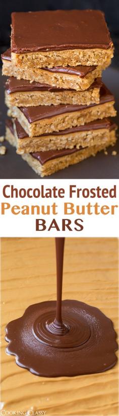 
                    
                        Chocolate Frosted Peanut Butter Bars - this is the best cookie bar recipe! Even my brother who doesn't like dessert LOVES these bars!
                    
                