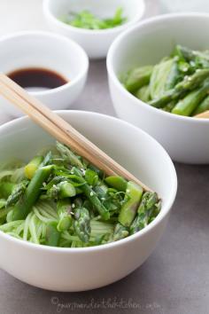 
                    
                        Cucumber noodles with asparagus and ginger scallion sesame sauce.
                    
                