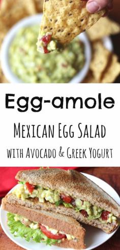 
                    
                        So yummy! This Egg-amole is fantastic as a dip (and if you have any leftovers, it's great in a sandwich, too)! With delicious avocado and creamy Greek yogurt, you'll never even miss the mayo! Super easy - just 6 simple ingredients! ~ from Two Healthy Kitchens at www.TwoHealthyKit...
                    
                