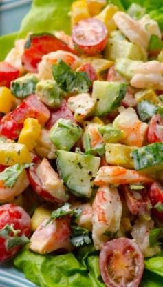 Greek Yogurt Shrimp Avocado Salad Ingredients 1 lb cooked frozen shrimp or 12 oz thawed & drained, cut in halves 1 cup grape tomatoes, sliced in halves 2 medium bell peppers, coarsely chopped 2 medium avocados, cubed 1/2 long English cucumber, cubed 1/2 cup cilantro, chopped Greek Yogurt Dressing: 1/2 cup Greek yogurt 2 tsp apple cider vinegar 1 tiny garlic clove 1/3 tsp salt 1/2 tsp black pepper