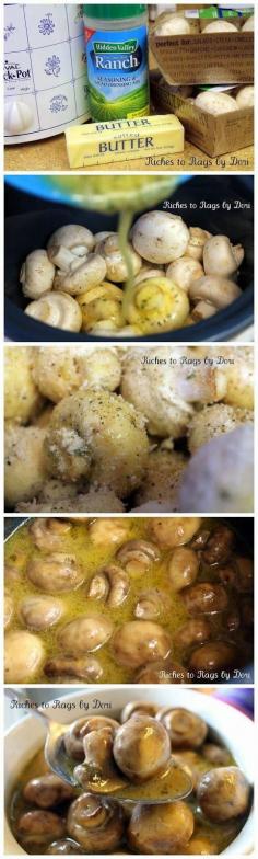 Crockpot Parmesan Ranch Mushrooms | Excellent appetizer. All you have to do is buy fresh Mushrooms, a stick (1/2 cup) of butter, a package of Hidden Valley Ranch Dressing and some Parmesan Cheese. That is it! You let them cook in the Crock Pot for 4 hours on low and you have a delicious side dish or a great topping for steak.