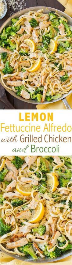 
                    
                        Lemon Fettuccine Alfredo with Grilled Chicken and Broccoli - this is AMAZING and it's made with a lighter sauce! Definitely adding this to my dinner rotation, my whole family loved it!
                    
                