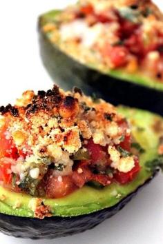 
                    
                        Bake avocados at 450F for 5 minutes. Filling is a mixture of salsa/tomatoes, cheese, bread crumbs, basil, garlic, lemon, salt and pepper.
                    
                