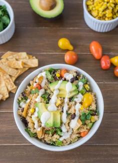 A simple quinoa bowl tossed with homemade taco seasoning, fresh veggies, and corn tortilla strips. vegan  #vegan #healthy #food #recipes