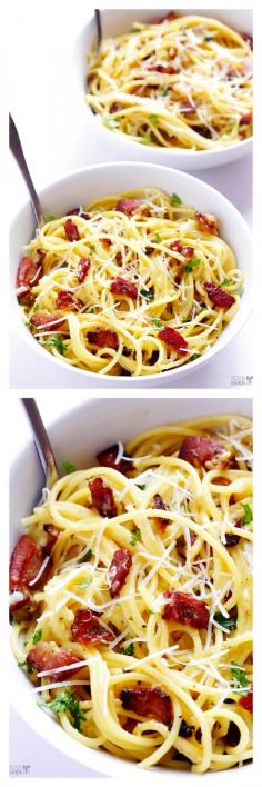 
                    
                        Spaghetti Carbonara -- one of my all-time favorite recipes with bacon! | gimmesomeoven.com
                    
                