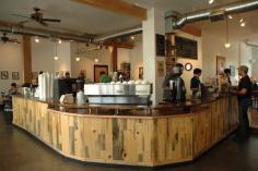 
                    
                        The Albina Press, Portland. Industrial rustic design. Love the curved counter made from repurposed timber.
                    
                