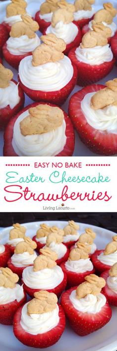 
                    
                        Easy No Bake Easter Bunny Cheesecake Stuffed Strawberries. A fun food dessert idea! LivingLocurto.com
                    
                
