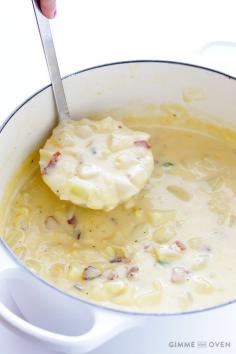 
                    
                        This classic potato soup recipe is thick, creamy and delicious, and made healthier without heavy cream. | gimmesomeoven.com
                    
                