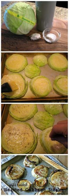 
                    
                        My entire family makes fun of me but I love this so much! Garlic Rubbed Roasted Cabbage Steaks Recipe.
                    
                