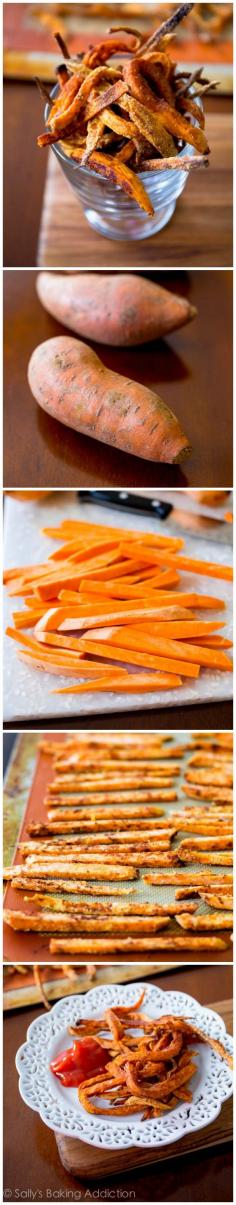 BAKED crisp sweet potato fries! Toss fries with a little cornstarch right after you slice them. Sprinkle with a touch of olive oil (or coconut oil) and cinnamon-sugar or a touch of salt and cayenne pepper. Line the fries on parchment paper or lined cookie sheet. Bake for 15 minutes at 400F degrees. Remove and flip them over. Bake for another 10-15 minutes. Turn the oven off completely and crack open. Allow fries to sit in for about 30+ minutes - helps your fries get crispier.