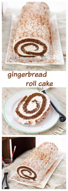 Moist gingerbread roll cake filled with spiced creamy filling. A delicious twist on the traditional Christmas gingerbread cake #recipe