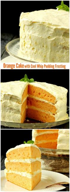 CAKE RECIPE: Orange Cream Cake with Cool Whip Pudding Frosting- light, fuffy and full of citrus flavor! The zesty tanginess of this moist cake makes a mind blowing dessert!