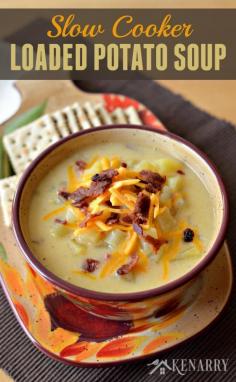 
                    
                        Slow Cooker Potato Soup is loaded with bacon, ham and cheese, great recipe for comfort food.
                    
                