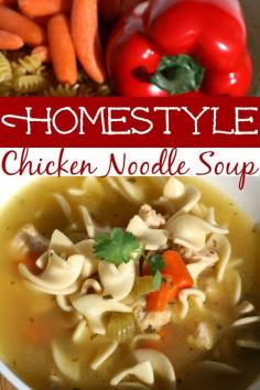 
                    
                        It doesn't get much better than a hot bowl of chicken noodle soup on a cold night. This Homestyle Chicken Noodle Soup recipe is fool-proof and oh so easy! It cooks up quickly and tastes like you spent hours! It's freezer friendly too!
                    
                