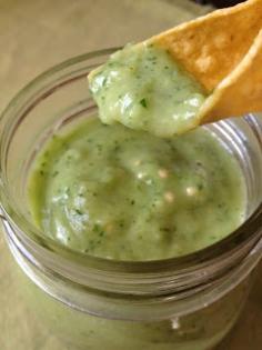 
                    
                        Creamy Salsa Verde recipe with avocado, tomatillo, cilantro, lime, onion, honey/agave, and a tiny bit of jalapeno.
                    
                