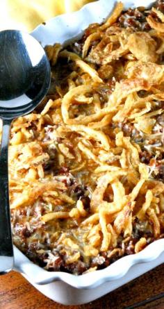 Baked Cream Cheese Spaghetti with a Sweet, Crunchy Onion Topping...a different take on baked spaghetti