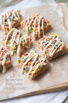 The rainbow of hues make these especially well suited to a St. Patrick's Day dessert table: Brown Butter Fruity Pebble Rice Krispy Treats. #food #rice #krispy #treats would be cute for candy #health Dessert #healthy Dessert| http://yourperfectdessert996.blogspot.com
